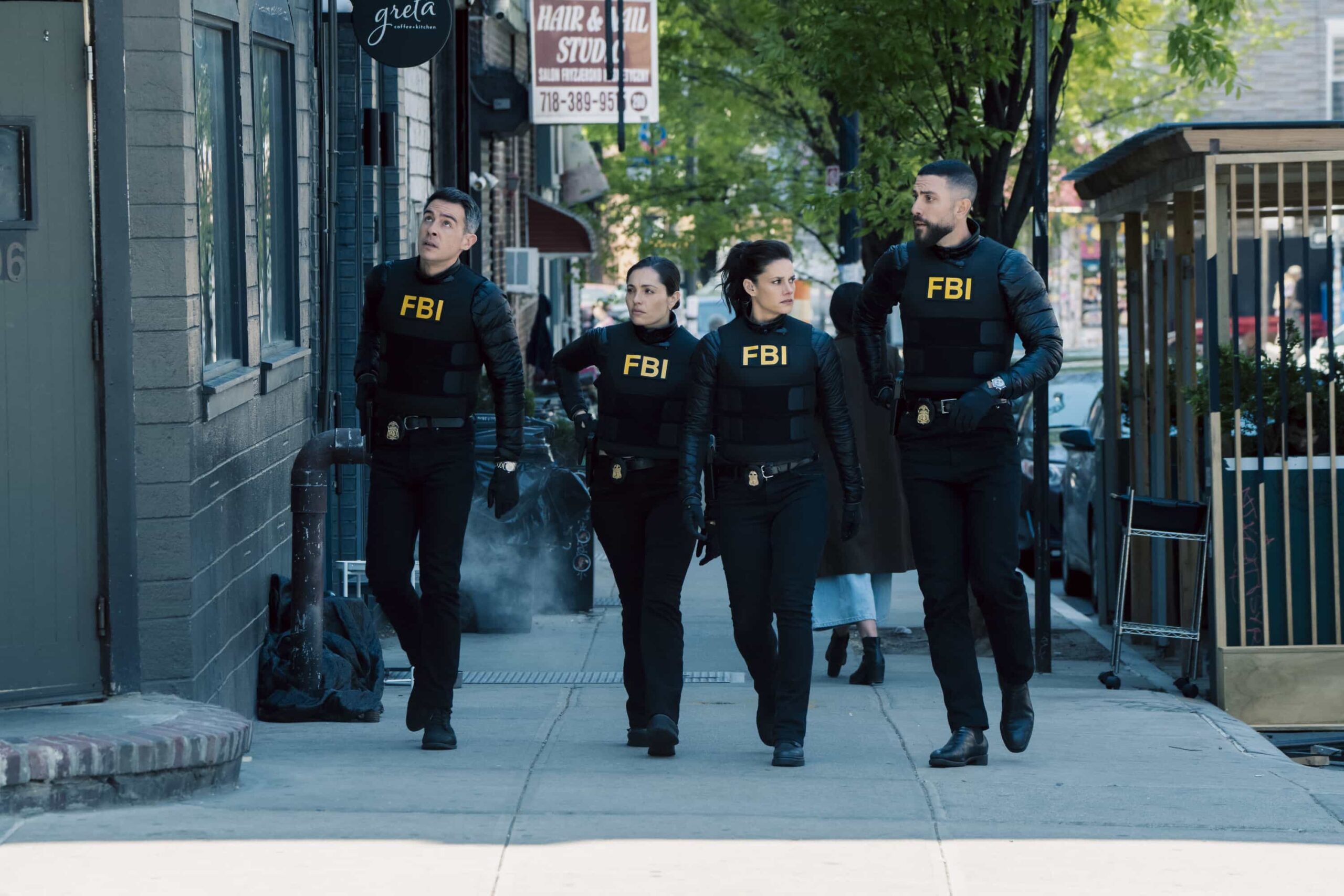 “Defector” — CBS Original Series FBI, scheduled to air on Monday, May 18 (8:00-9:00 PM, ET/PT).  Pictured (L-R): John Boyd as Special Agent Stuart Scola, Juliana Aidén Martinez as Eva Ramos, Missy Peregrym as Special Agent Maggie Bell, and Zeeko Zaki as Special Agent Omar Adom ‘OA’ Zidan. Photo: Bennett Raglin/CBS ©2026 CBS Broadcasting, Inc. All Rights Reserved.