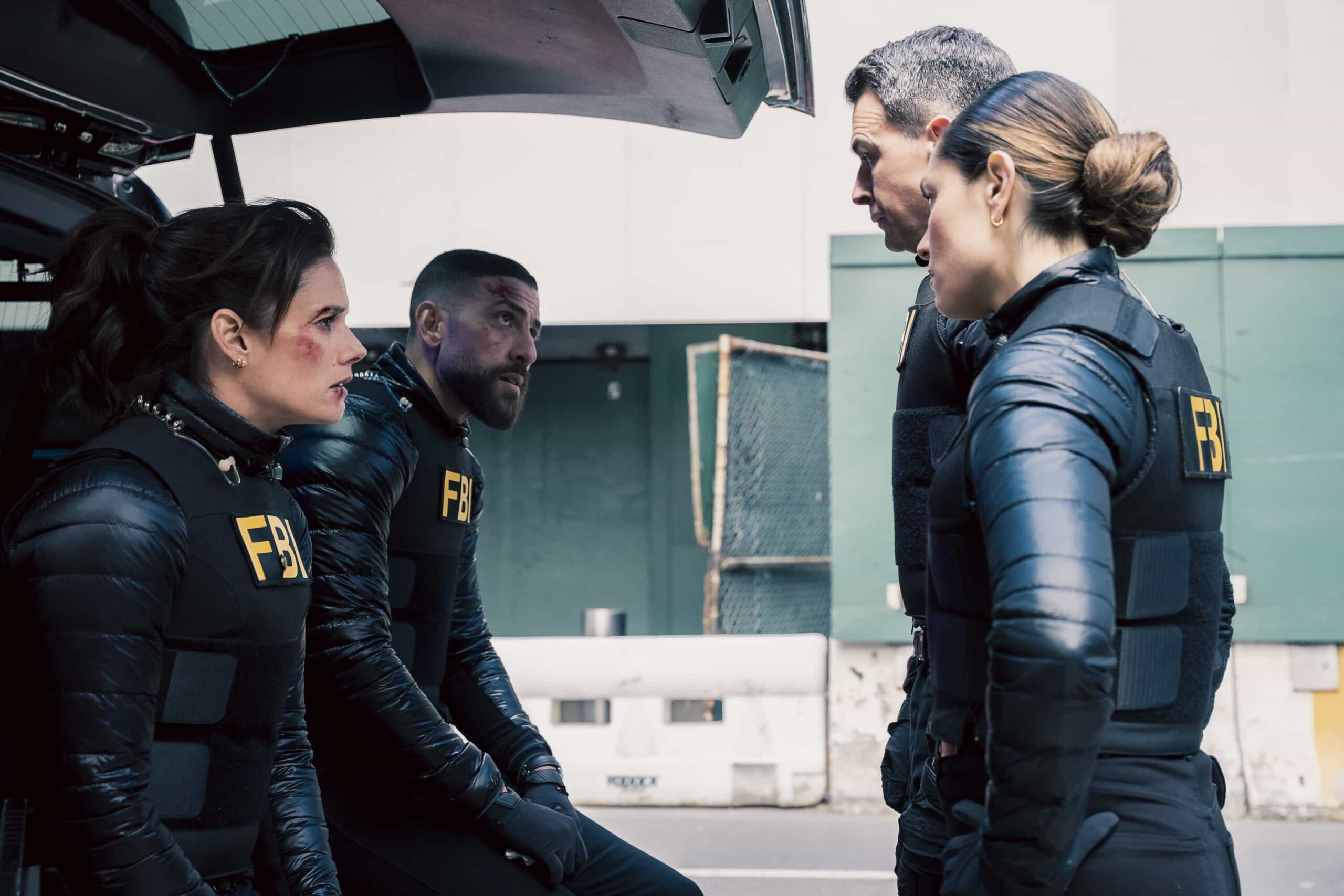 FBI Season 8 Episode 22 Season Finale “Defector” — CBS Original Series FBI, scheduled to air on Monday, May 18 (8:00-9:00 PM, ET/PT).  Pictured (L-R): Missy Peregrym as Special Agent Maggie Bell, Zeeko Zaki as Special Agent Omar Adom ‘OA’ Zidan, John Boyd as Special Agent Stuart Scola, and Juliana Aidén Martinez as Eva Ramos. Photo: Bennett Raglin/CBS ©2026 CBS Broadcasting, Inc. All Rights Reserved.