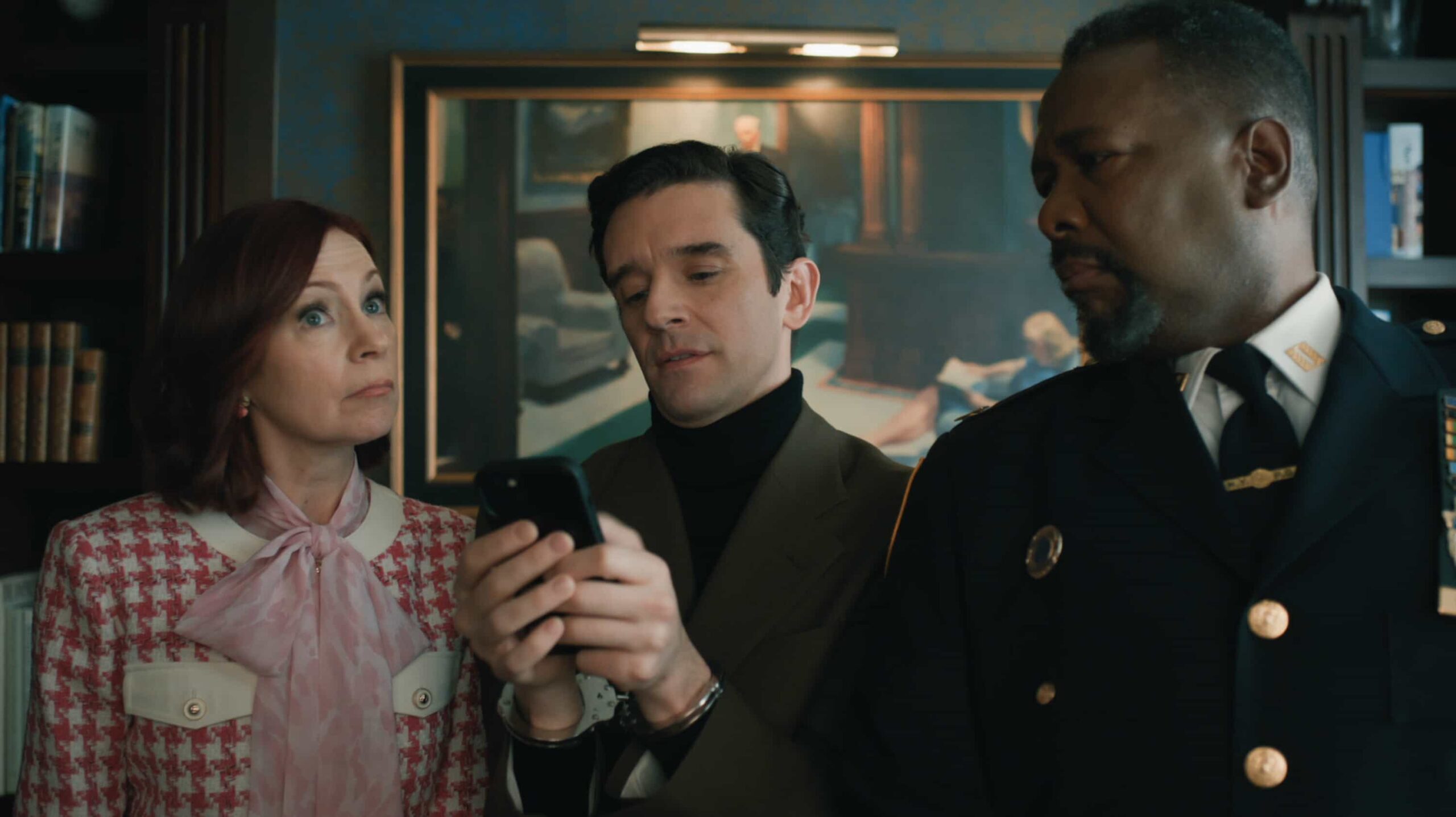 Elsbeth Season 3 Episode 20 "That's All" Season Finale -- Coverage of the CBS Original Series ELSBETH, scheduled to air on the CBS Television Network.  Pictured (L-R): Carrie Preston as Elsbeth Tascioni, Michael Urie as Montgomery Blakemont III, and Wendell Pierce as Captain Wagner     Photo: CBS ©2026 CBS Broadcasting, Inc. All Rights Reserved. Highest quality screengrab available.