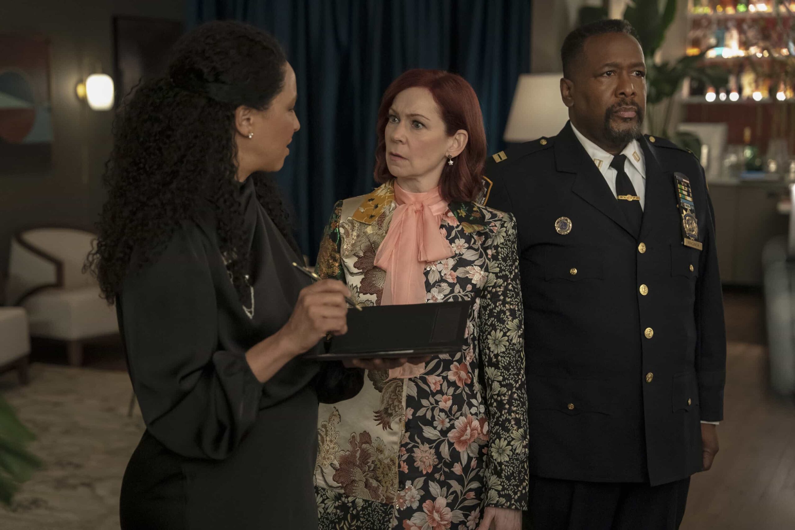 "That's All" -- Coverage of the CBS Original Series ELSBETH, scheduled to air on the CBS Television Network.  Pictured (L-R): Carra Patterson as Kaya Blanke, Carrie Preston as Elsbeth Tascioni, and Wendell Pierce as Captain Wagner    Photo: Michael Parmelee/CBS ©2026 CBS Broadcasting, Inc. All Rights Reserved.