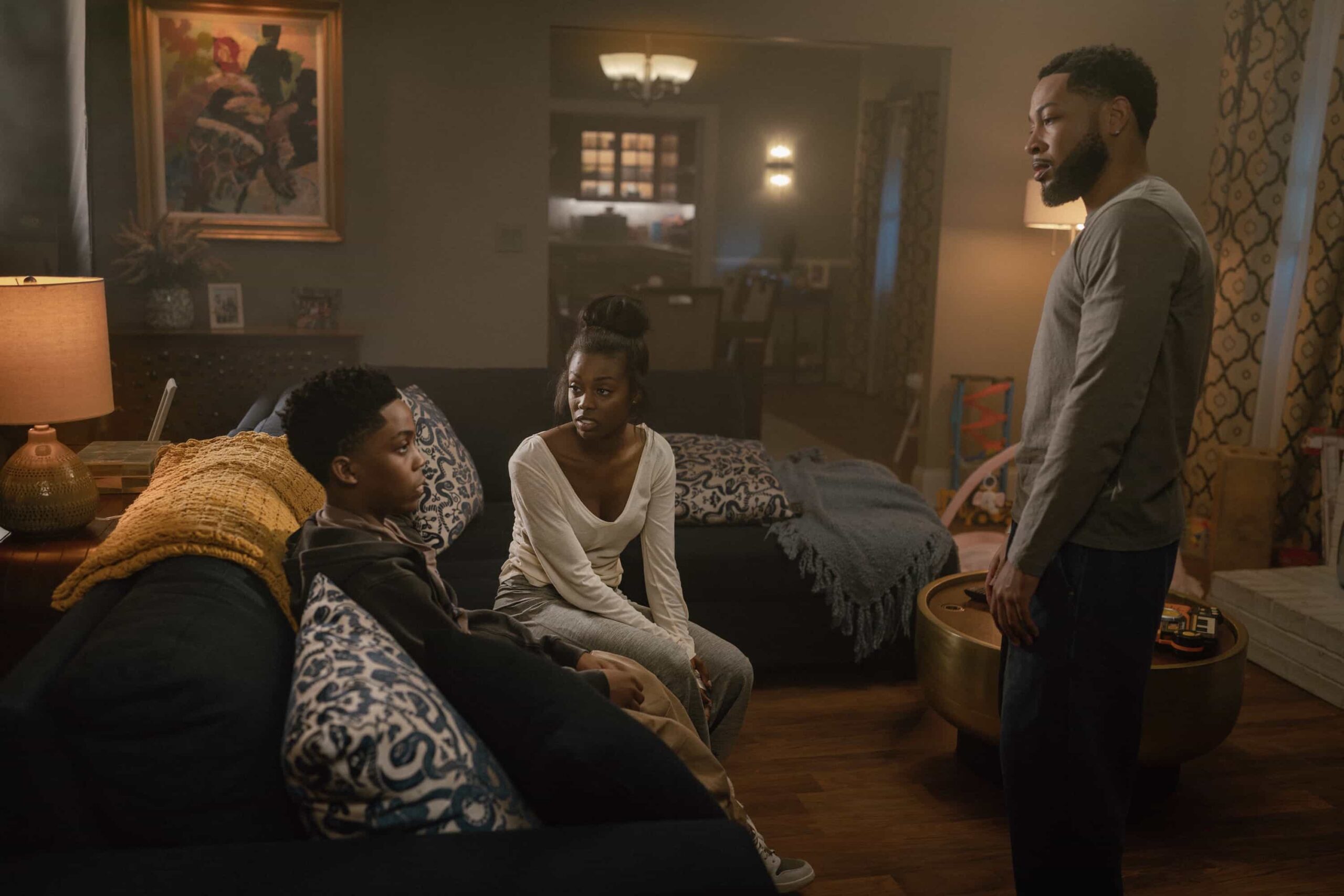 L-R: Anthony B. Jenkins as Devante, Birgundi Baker as Kiesha and Jacob Latimore as Emmett in The Chi, episode 1, season 8, streaming on Paramount+, 2026. Photo Credit: Sandy Morris/Paramount+.