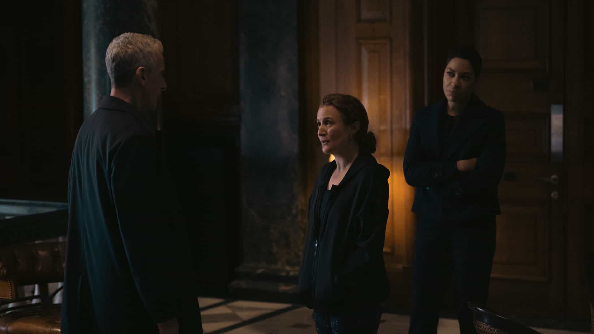 Peter Capaldi, Lyndsey Marshal and Cush Jumbo in "Criminal Record," now streaming on Apple TV