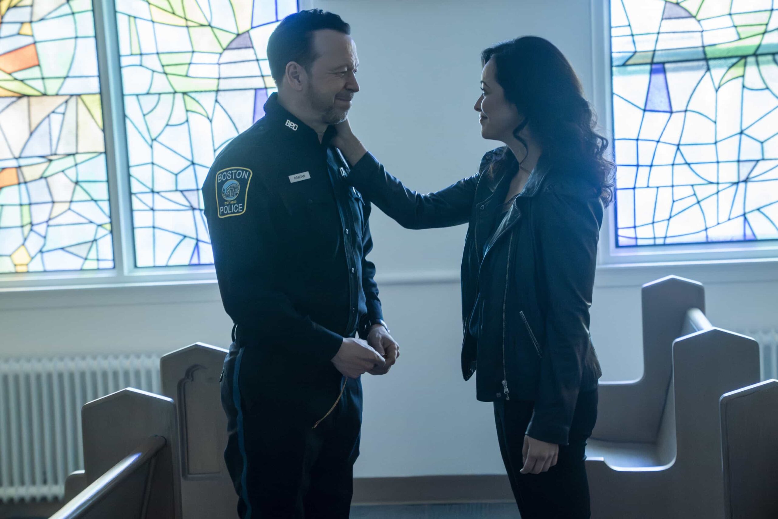 Boston Blue Season 1 Episode 20 "Patrol" Season Finale -- Coverage of the CBS Original Series BOSTON BLUE, scheduled to air on the CBS Television Network.   Pictured L to R: Donnie Wahlberg as Danny Reagan and Marisa Ramirez as Maria Baez.   Photo: Ian Watson/CBS ©2026 CBS Broadcasting, Inc. All Rights Reserved.
