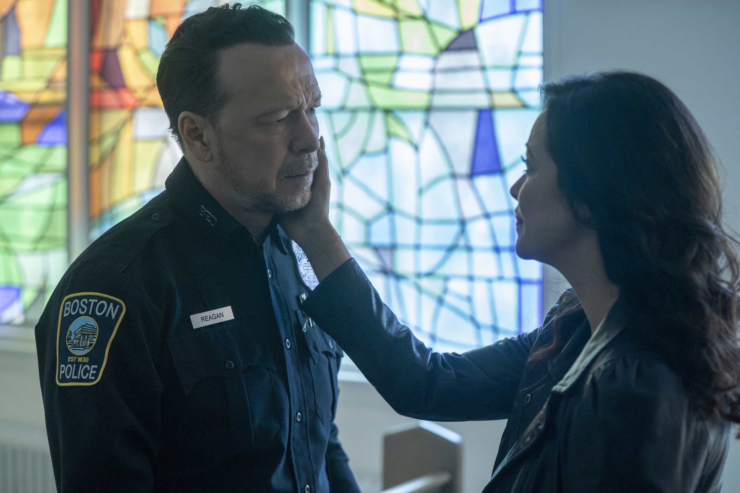 Boston Blue Season 1 Episode 20 "Patrol" Season Finale -- Coverage of the CBS Original Series BOSTON BLUE, scheduled to air on the CBS Television Network.   Pictured L to R: Donnie Wahlberg as Danny Reagan and Marisa Ramirez as Maria Baez.   Photo: Ian Watson/CBS ©2026 CBS Broadcasting, Inc. All Rights Reserved.