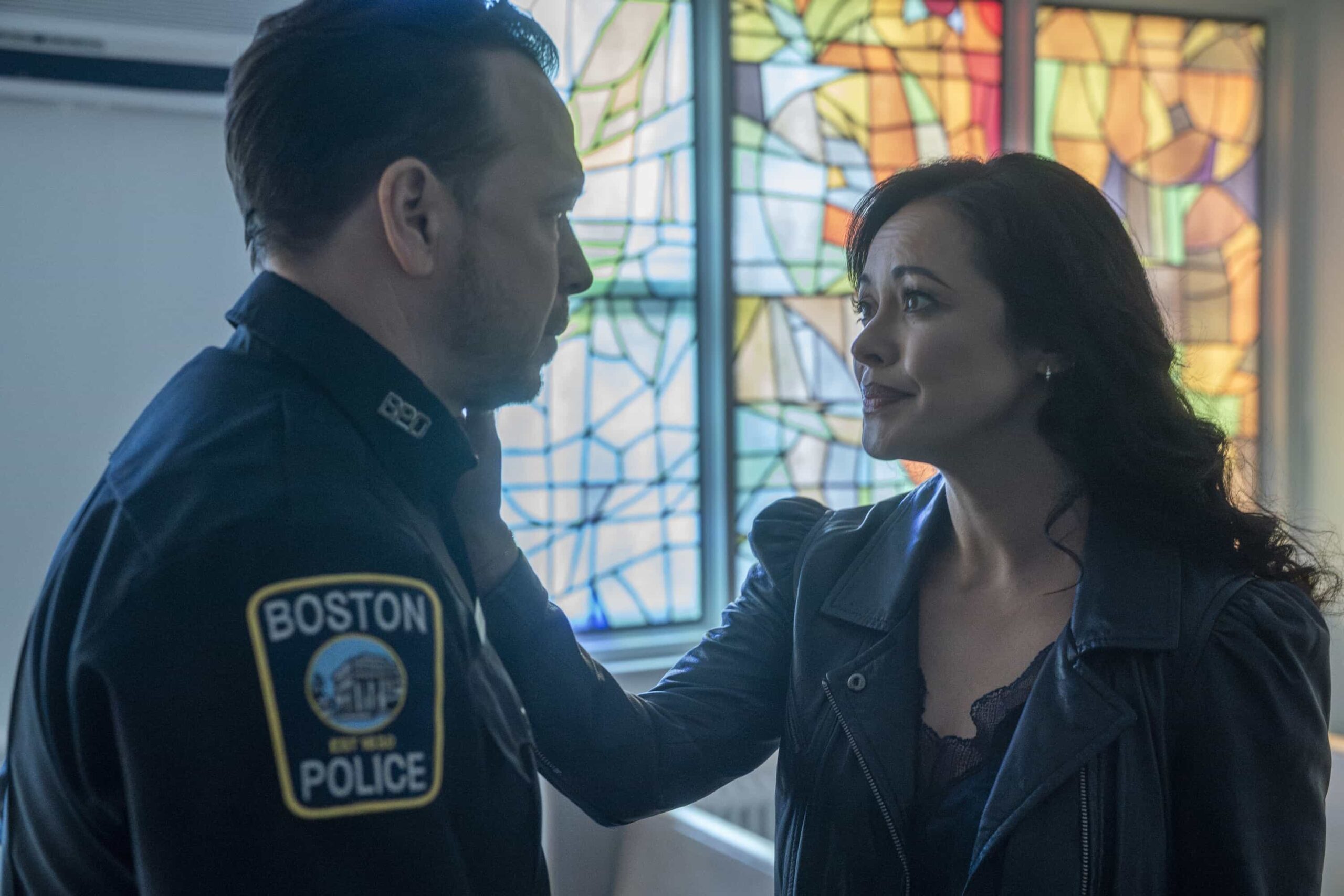 Boston Blue Season 1 Episode 20 "Patrol" Season Finale -- Coverage of the CBS Original Series BOSTON BLUE, scheduled to air on the CBS Television Network.   Pictured L to R: Donnie Wahlberg as Danny Reagan and Marisa Ramirez as Maria Baez.   Photo: Ian Watson/CBS ©2026 CBS Broadcasting, Inc. All Rights Reserved.