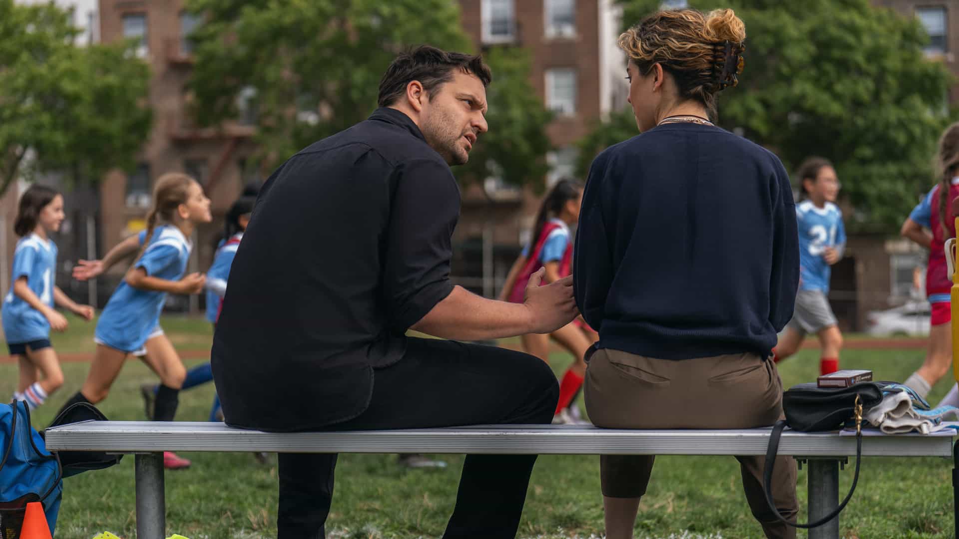 Jake Johnson and Tatiana Maslany in "Maximum Pleasure Guaranteed," now streaming on Apple TV.
