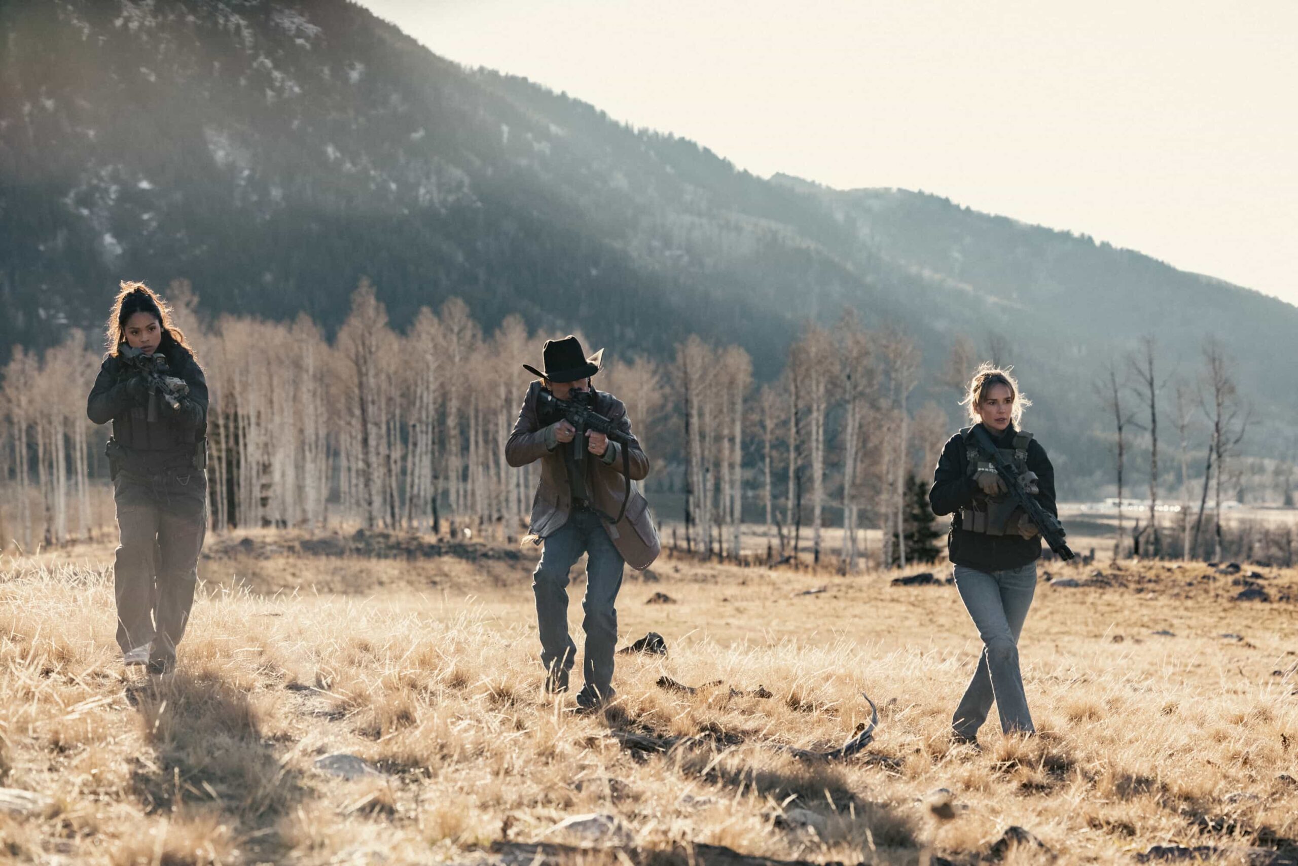 Marshals Season 1 Episode 13 "Wolves at the Door" Season Finale  -- CBS Original Series MARSHALS, scheduled to air on Sunday, May 24 (8:00-9:00 PM, ET/PT).  Pictured (L-R): Ash Santos as Andrea, Mo Brings Plenty, and Arielle Kebbel as Belle. Photo: Fred Hayes/CBS ©2025 CBS Broadcasting, Inc. All Rights Reserved.