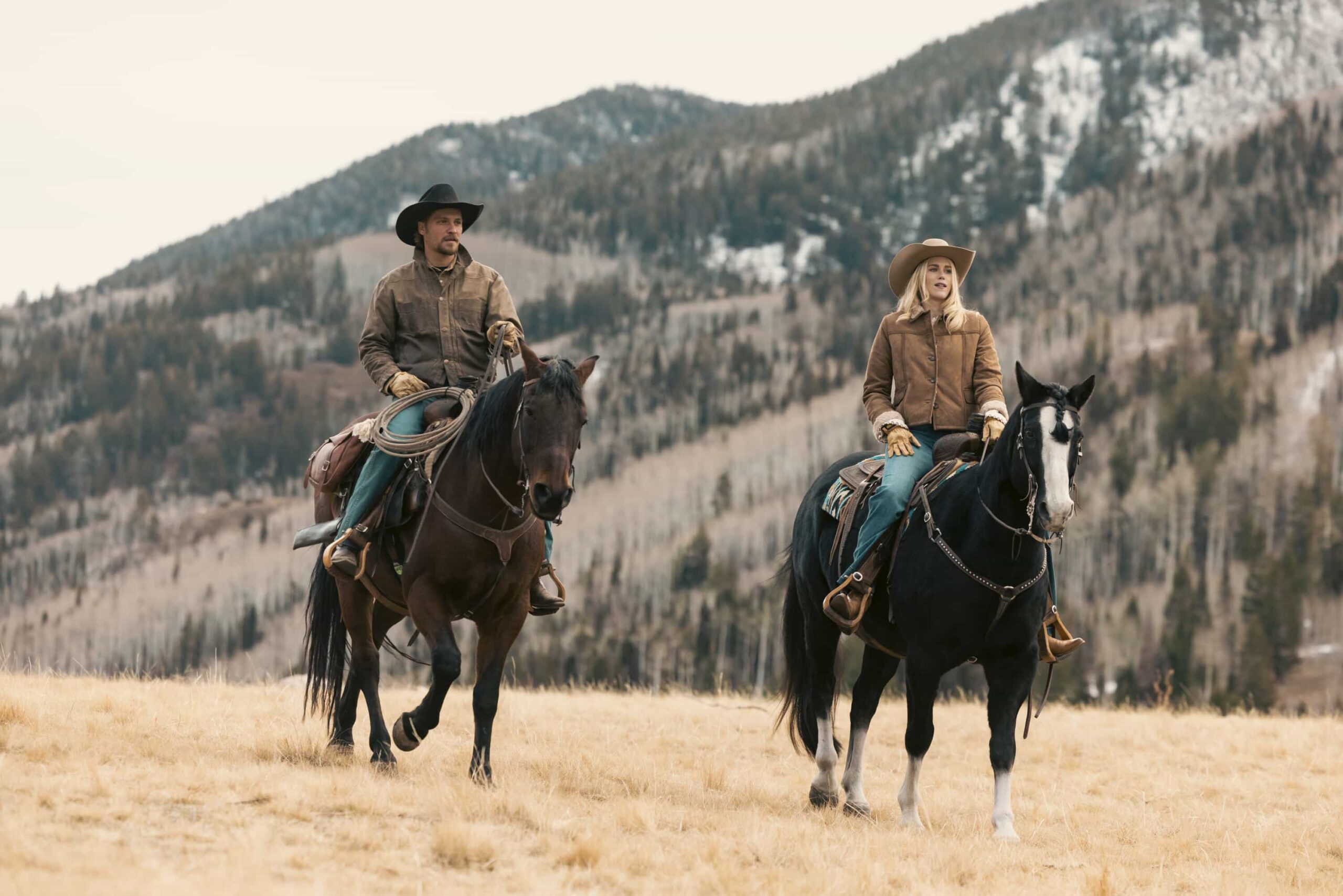 "Wolves at the Door" -- CBS Original Series MARSHALS, scheduled to air on Sunday, May 24 (8:00-9:00 PM, ET/PT).  Pictured (L-R): Luke Grimes as Kayce Dutton and Ellyn Jameson as Dolly. Photo: Fred Hayes/CBS ©2025 CBS Broadcasting, Inc. All Rights Reserved.