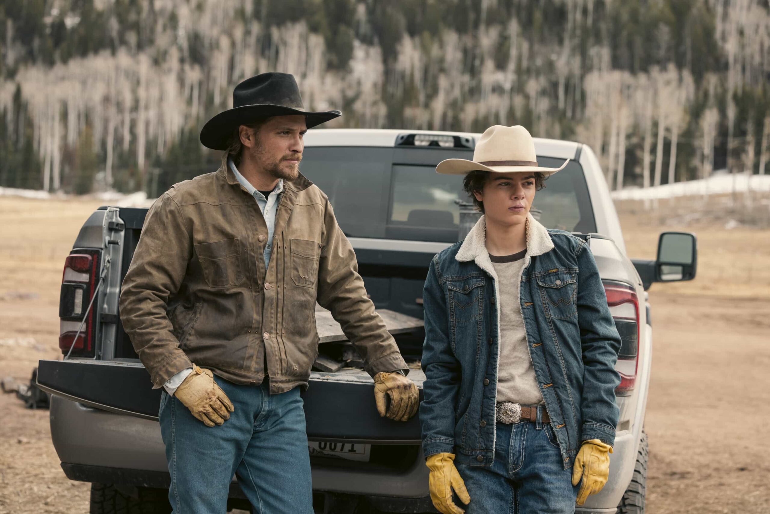 Marshals Season 1 Episode 13 "Wolves at the Door" Season Finale-- CBS Original Series MARSHALS, scheduled to air on Sunday, May 24 (8:00-9:00 PM, ET/PT).  Pictured (L-R): Luke Grimes as Kayce Dutton and Brecken Merrill as Tate Dutton. Photo: Fred Hayes/CBS ©2025 CBS Broadcasting, Inc. All Rights Reserved.