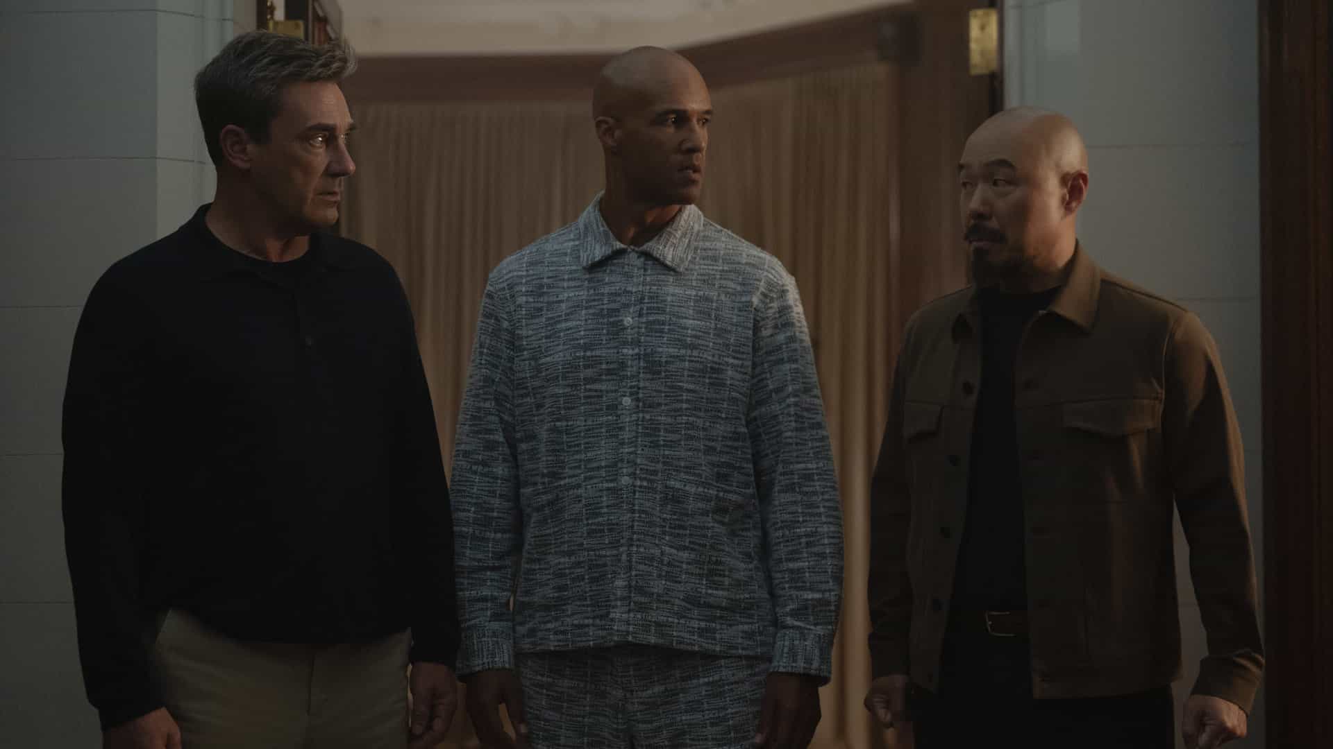 Jon Hamm, Mark Tallman and Hoon Lee in "Your Friends & Neighbors," now streaming on Apple TV.