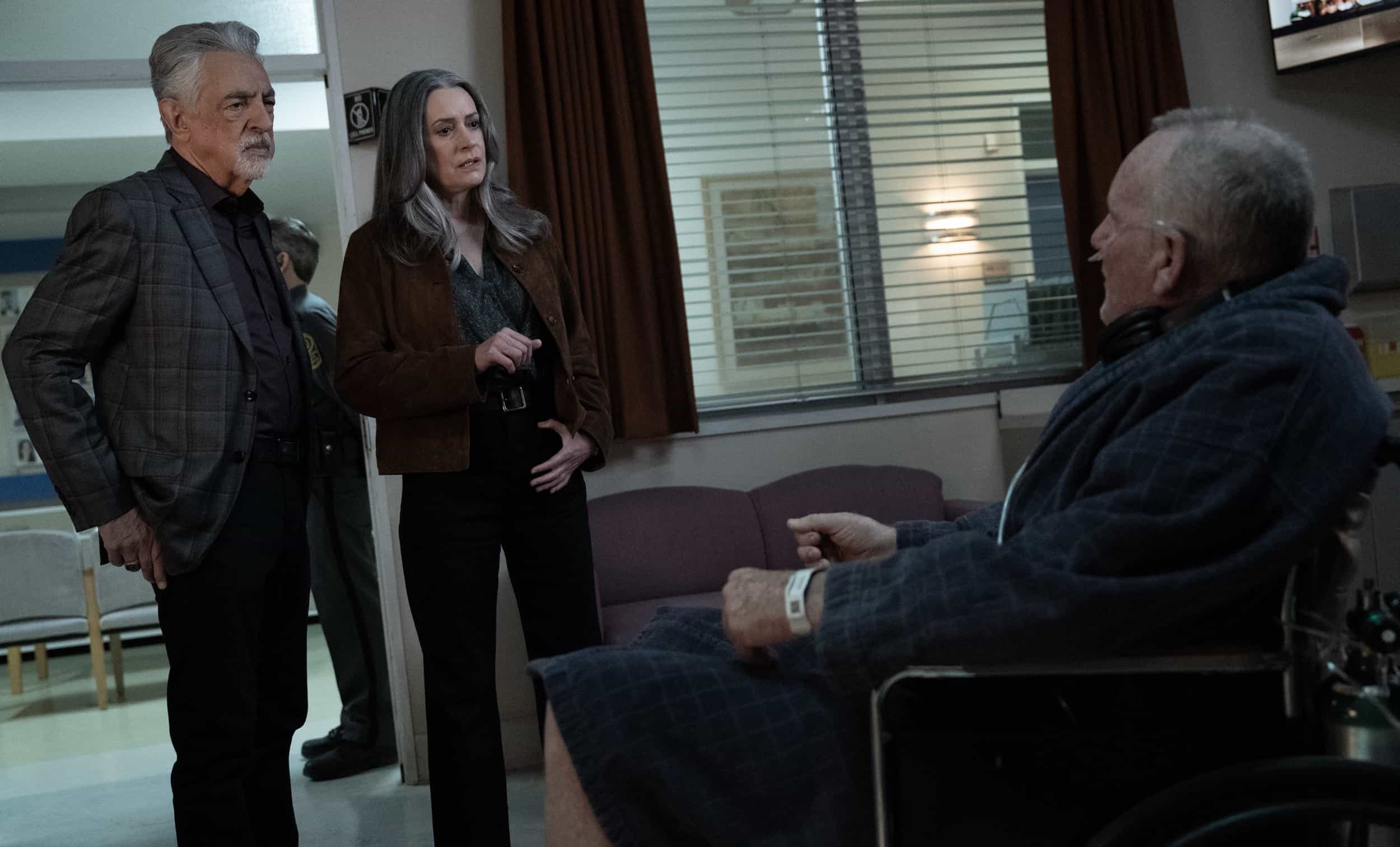 L-R: Joe Mantegna as David Rossi, Paget Brewster as Emily Prentiss and Robert Morgan as Frank Warner in Criminal Minds: Evolution, episode 1, season 19 streaming on Paramount+, 2026. Photo Credit: Justin Lubin/Paramount+