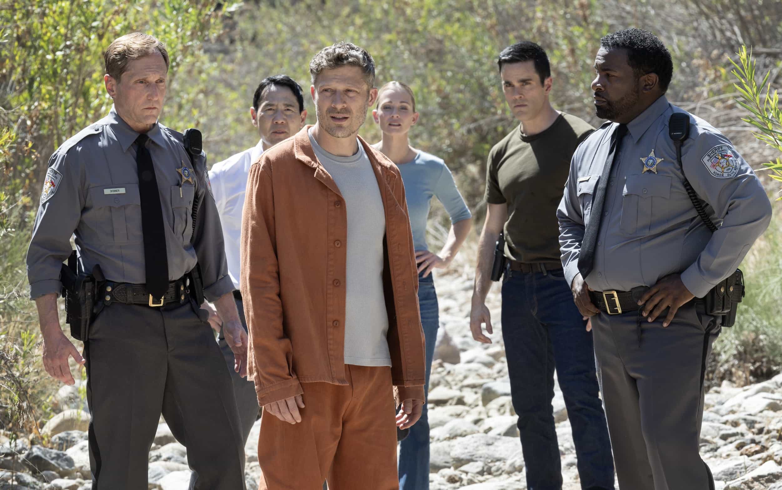 CRIMINAL MINDS EVOLUTION Season 19 Episode 3 Body Count - L-R: Rob Yang as District Attorney Emory Joy, Zach Gilford as Elias Voit, A.J. Cook as Jennifer ‘JJ’ Jareau and RJ Hatanaka as Tyler Green in Criminal Minds: Evolution, episode 3, season 19 streaming on Paramount+, 2026. Photo Credit: Trae Patton/Paramount+