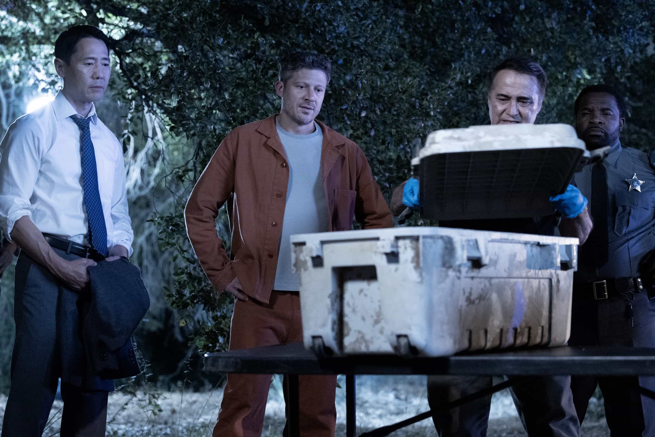 CRIMINAL MINDS EVOLUTION Season 19 Episode 3 Body Count- L-R: Rob Yang as District Attorney Emory Joy and Zach Gilford as Elias Voit in Criminal Minds: Evolution, episode 3, season 19 streaming on Paramount+, 2026. Photo Credit: Trae Patton/Paramount+