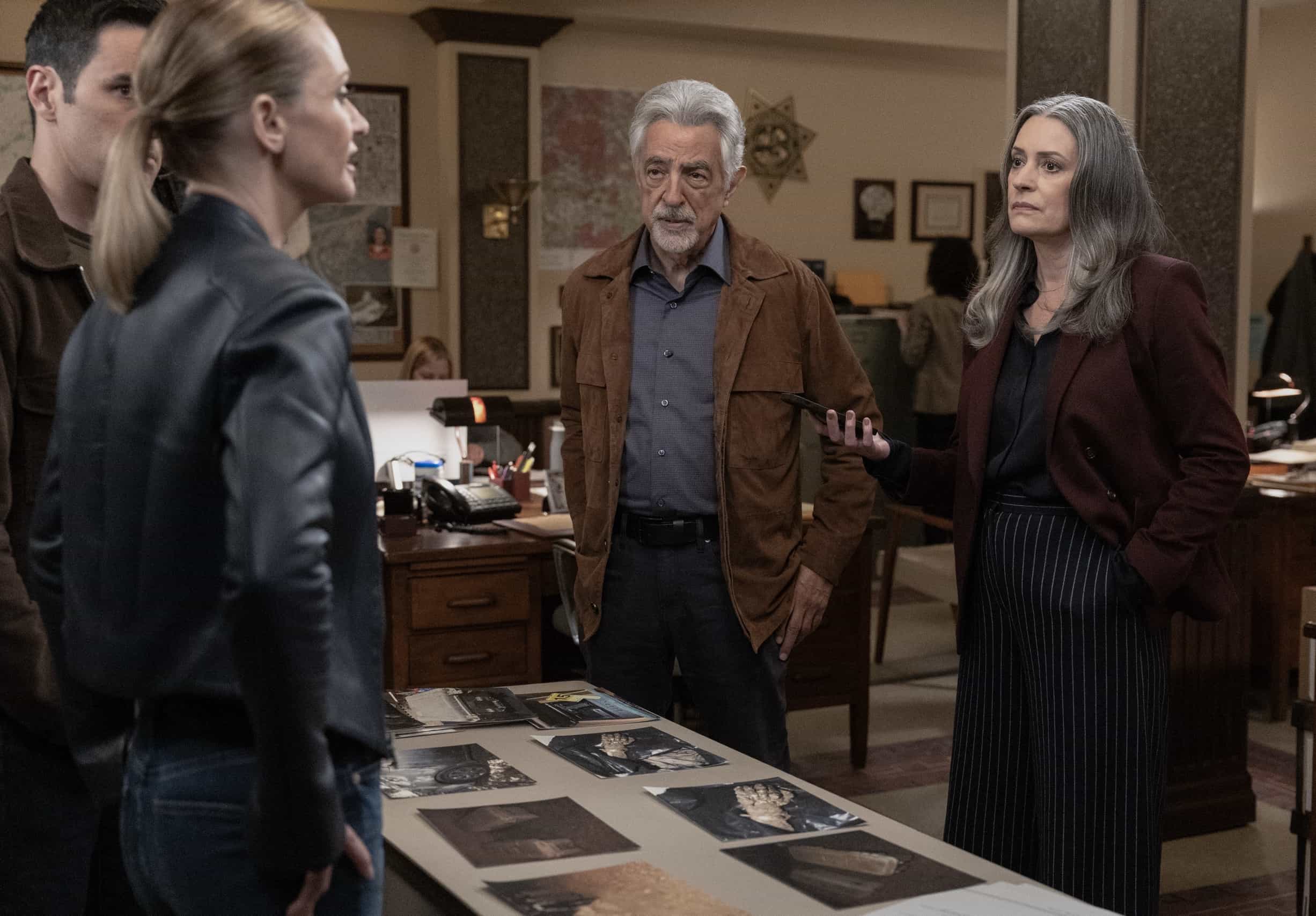 L-R: RJ Hatanaka as Tyler Green, A.J. Cook as Jennifer ‘JJ’ Jareau, Joe Mantegna as David Rossi, and Paget Brewster as Emily Prentiss in Criminal Minds: Evolution, episode 3, season 19 streaming on Paramount+, 2026. Photo Credit: Trae Patton/Paramount+