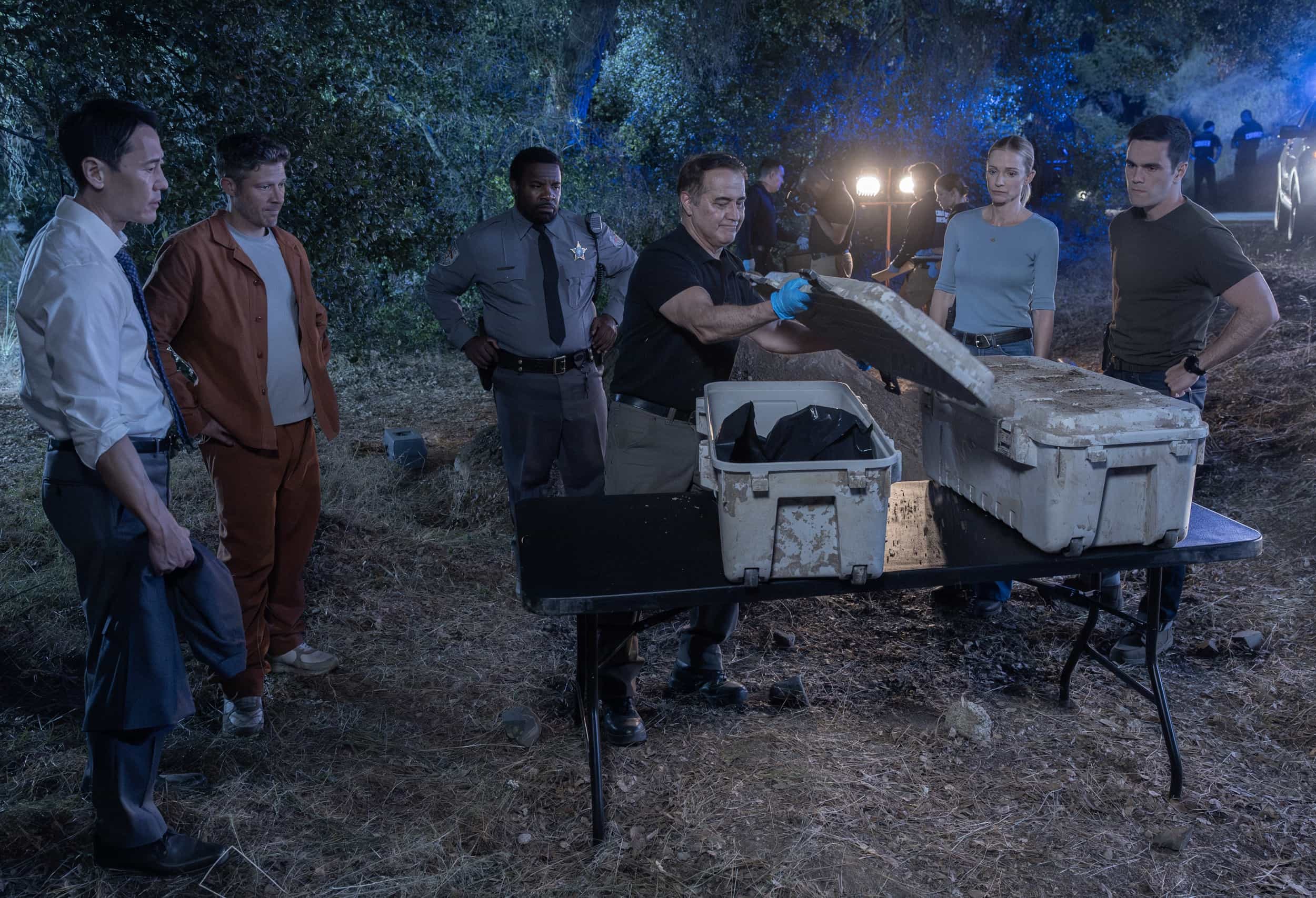 L-R: Rob Yang as District Attorney Emory Joy, Zach Gilford as Elias Voit,  A.J. Cook as Jennifer ‘JJ’ Jareau, and RJ Hatanaka as Tyler Green in Criminal Minds: Evolution, episode 3, season 19 streaming on Paramount+, 2026. Photo Credit: Trae Patton/Paramount+