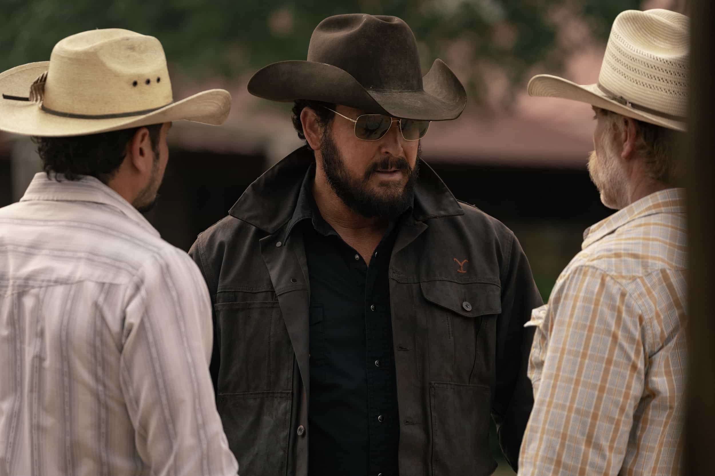 DUTTON RANCH Season 1 Episode 6 Photos “A Cowboy Saint” A Shocking Return Threatens Rio Paloma 2 (L-R): J.R. Villarreal as Azul, Cole Hauser as Rip Wheeler, and Marc Menchaca as Zachariah in season 1, episode 6, of Dutton Ranch streaming on Paramount+, 2026. Photo Credit: Emerson Miller/Paramount+