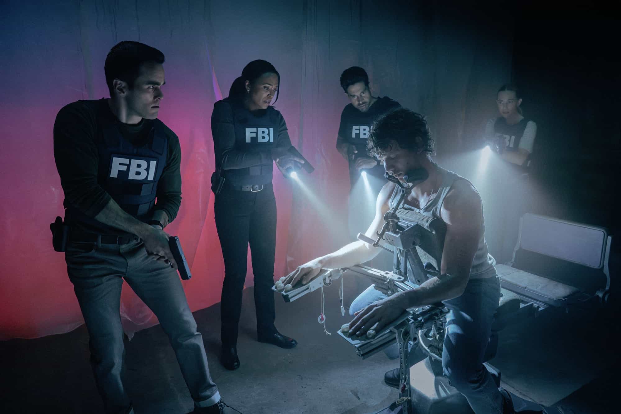 L-R: RJ Hatanaka as Tyler Green, Aisha Tyler as Dr. Tara Lewis, Connor Storrie as Lance Kingston, Adam Rodriguez as Luke Alvez and A.J. Cook as Jennifer ‘JJ’ Jareau in Criminal Minds: Evolution, episode 6, season 19  streaming on Paramount+, 2026.  CREDIT:  Michael Yarish/Paramount+ © 2026 ABC Studios Inc. and CBS Studios Inc. All Rights Reserved.