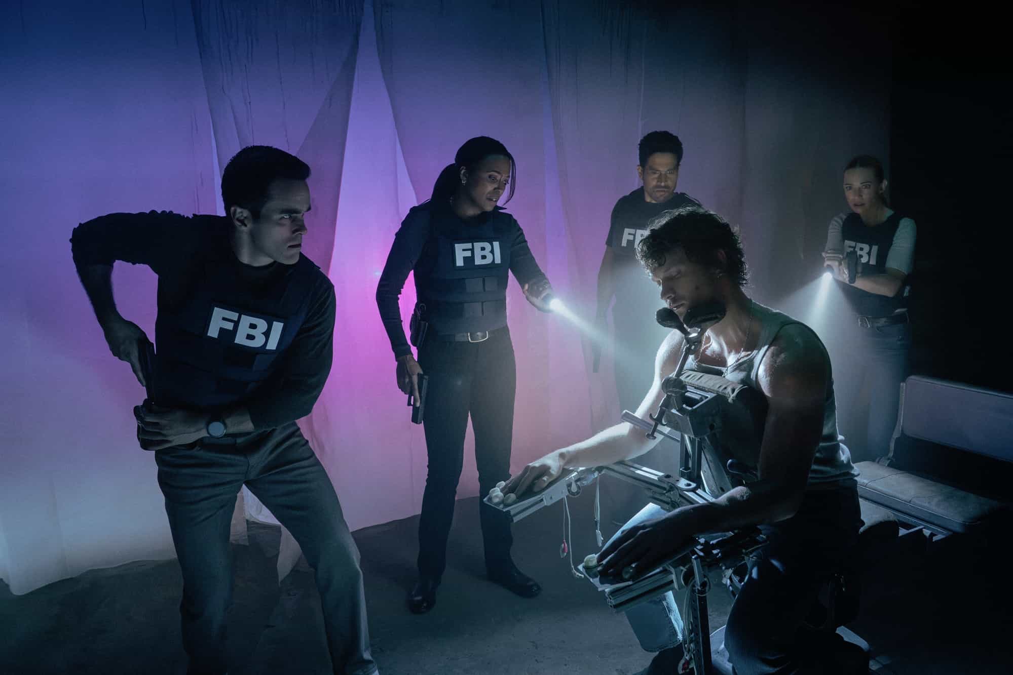 L-R: RJ Hatanaka as Tyler Green, Aisha Tyler as Dr. Tara Lewis, Connor Storrie as Lance Kingston, Adam Rodriguez as Luke Alvez and A.J. Cook as Jennifer ‘JJ’ Jareau in Criminal Minds: Evolution, episode 6, season 19  streaming on Paramount+, 2026.  CREDIT:  Michael Yarish/Paramount+ © 2026 ABC Studios Inc. and CBS Studios Inc. All Rights Reserved.