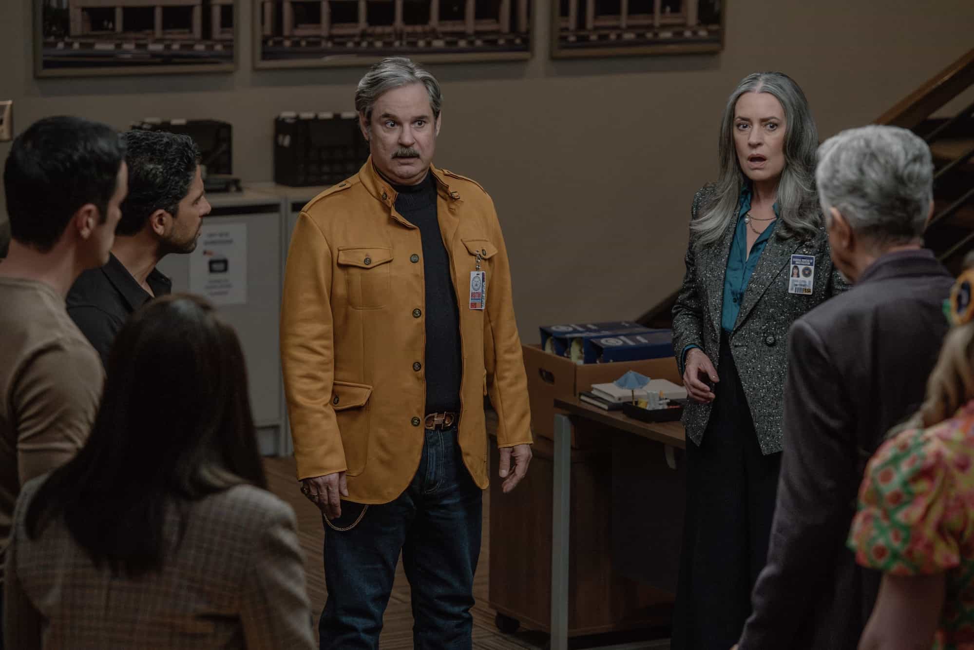 L-R: RJ Hatanaka as Tyler Green, Adam Rodriguez as Luke Alvez, Paul F. Tompkins as Brian Garrity,  and Paget Brewster as Emily Prentiss in Criminal Minds: Evolution, episode 6, season 19  streaming on Paramount+, 2026.  CREDIT:  Michael Yarish/Paramount+ © 2026 ABC Studios Inc. and CBS Studios Inc. All Rights Reserved.