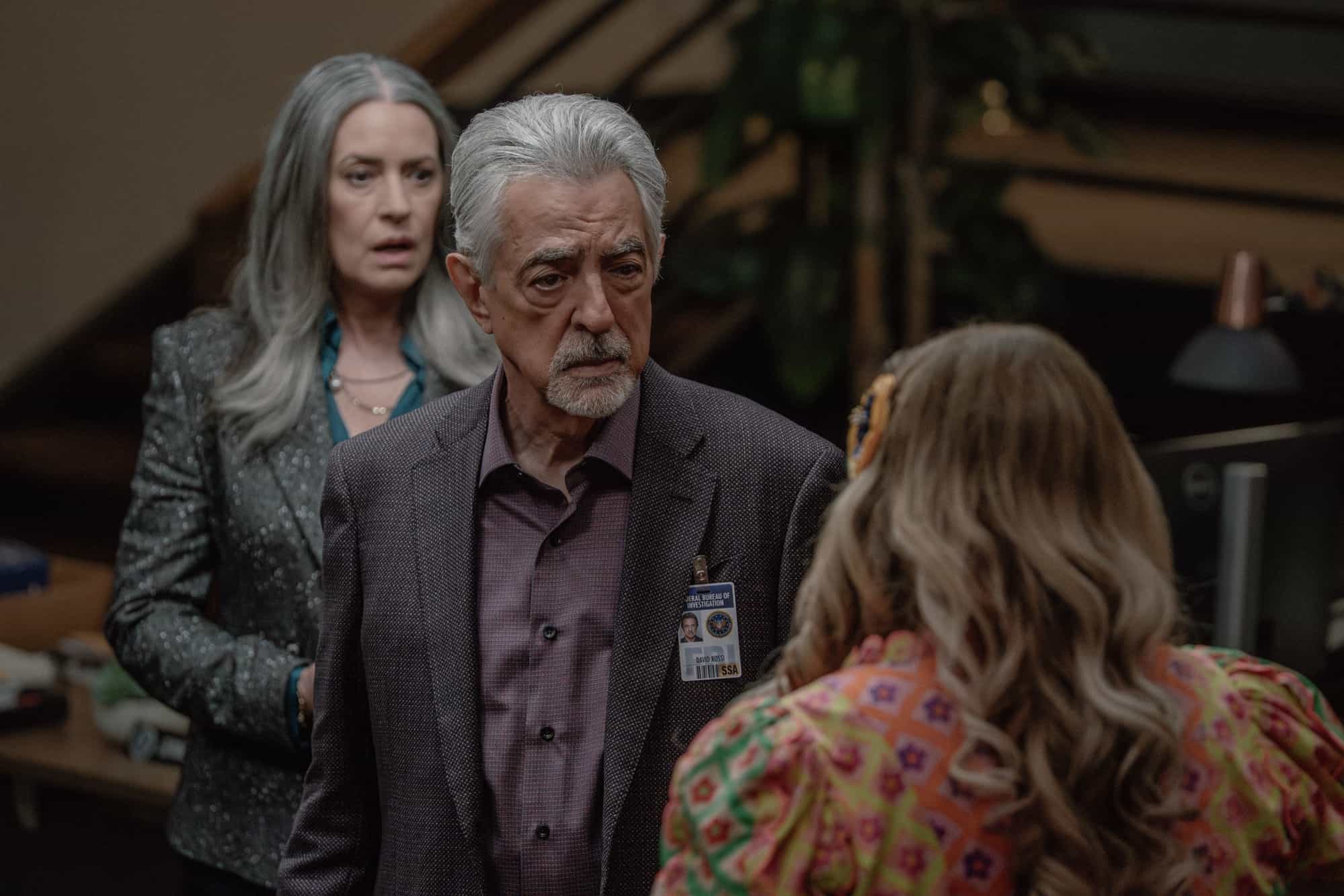 L-R: Paget Brewster as Emily Prentiss, Joe Mantegna as David Rossi and Kirsten Vangsness as Penelope Garcia in Criminal Minds: Evolution, episode 6, season 19  streaming on Paramount+, 2026.  CREDIT:  Michael Yarish/Paramount+ © 2026 ABC Studios Inc. and CBS Studios Inc. All Rights Reserved.