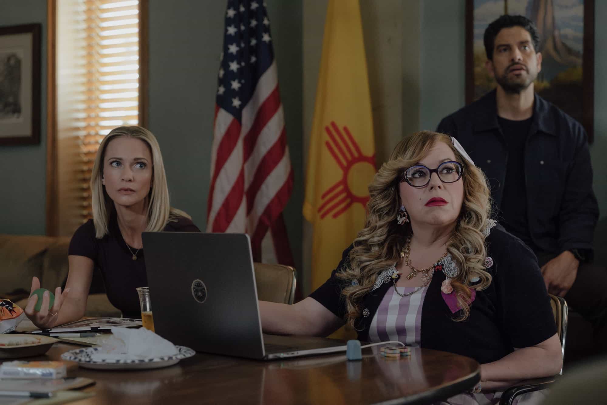 L-R: A.J. Cook as Jennifer ‘JJ’ Jareau, Kirsten Vangsness as Penelope Garcia and Adam Rodriguez as Luke Alvez in Criminal Minds: Evolution, episode 7, season 19  streaming on Paramount+, 2026.  CREDIT:  Michael Yarish/Paramount+ © 2026 ABC Studios Inc. and CBS Studios Inc. All Rights Reserved.