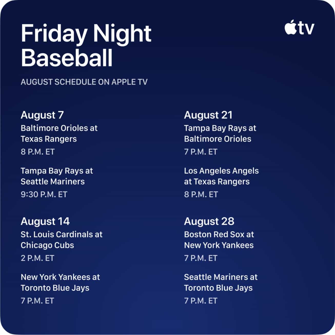 Apple and Major League Baseball Announce August 2026 “Friday Night Baseball” Schedule 2 Apple Friday Night Baseball August 2026 Schedule