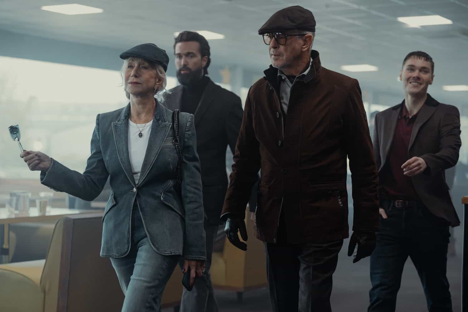 MobLand Season 2 L-R Helen Mirren as Maeve Harrigan, Emmett J Scanlan as Paul, Pierce Brosnan as Conrad Harrigan and Jack Archer as Fergus In MobLand, season 2, streaming on Paramount+, 2026. Photo Credit: Luke Varley/Paramount+