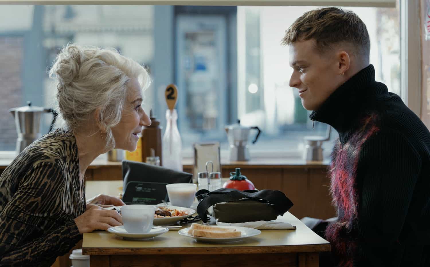 L-R Helen Mirren as Maeve Harrigan and Anson Boon as Eddie Harrigan In MobLand, season 2, streaming on Paramount+, 2026. Photo Credit: Sophie Mutevelian/Paramount+
