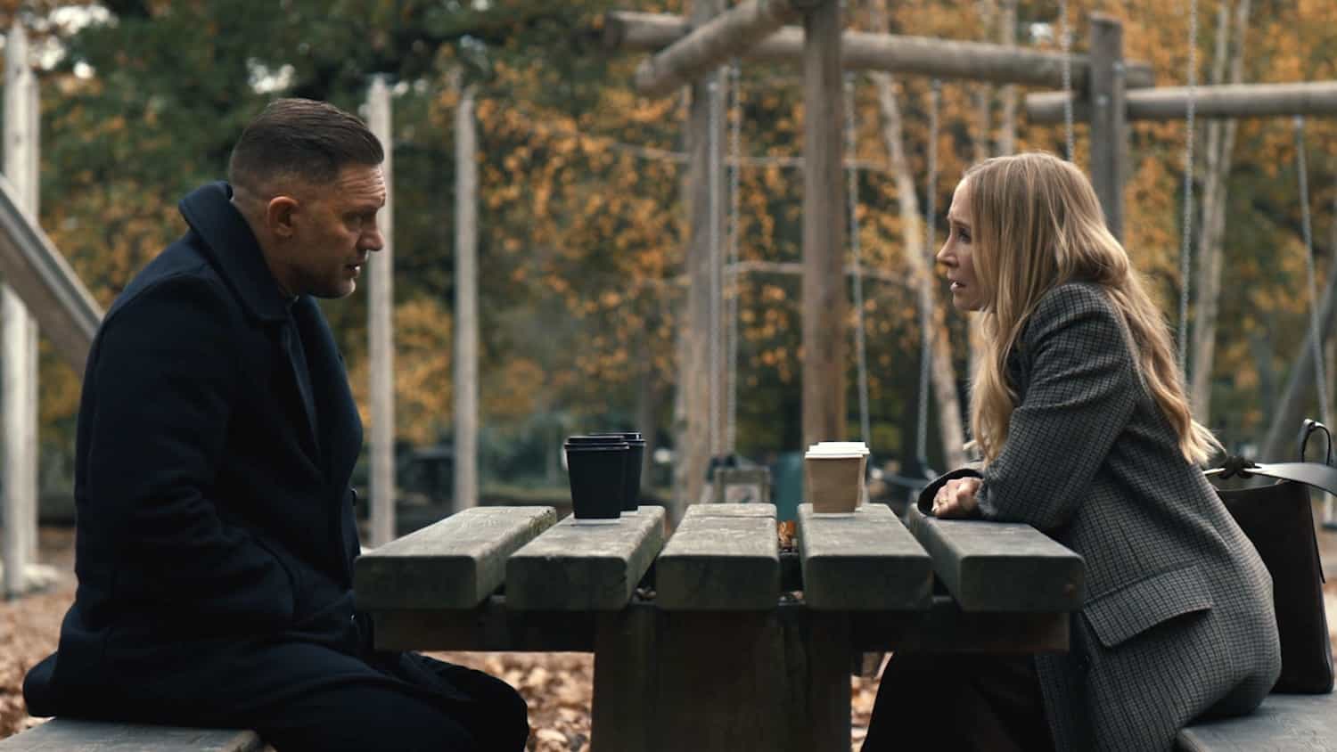 L-R Tom Hardy as Harry Da Souza and Joanne Froggatt as Jan Da Souza In MobLand, season 2, streaming on Paramount+, 2026. Photo Credit: Luke Varley/Paramount+