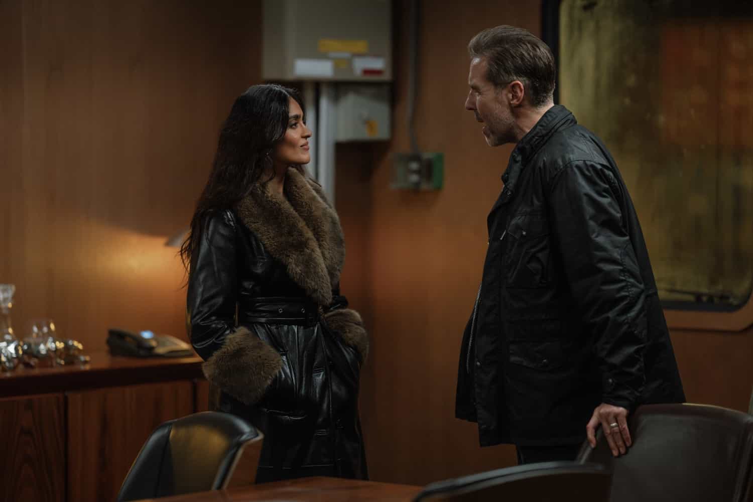 L-R Mandeep Dhillon as Seraphina Harrigan and Paddy Considine as Kevin Harrigan In MobLand, season 2, streaming on Paramount+, 2026. Photo Credit: Luke Varley/Paramount+