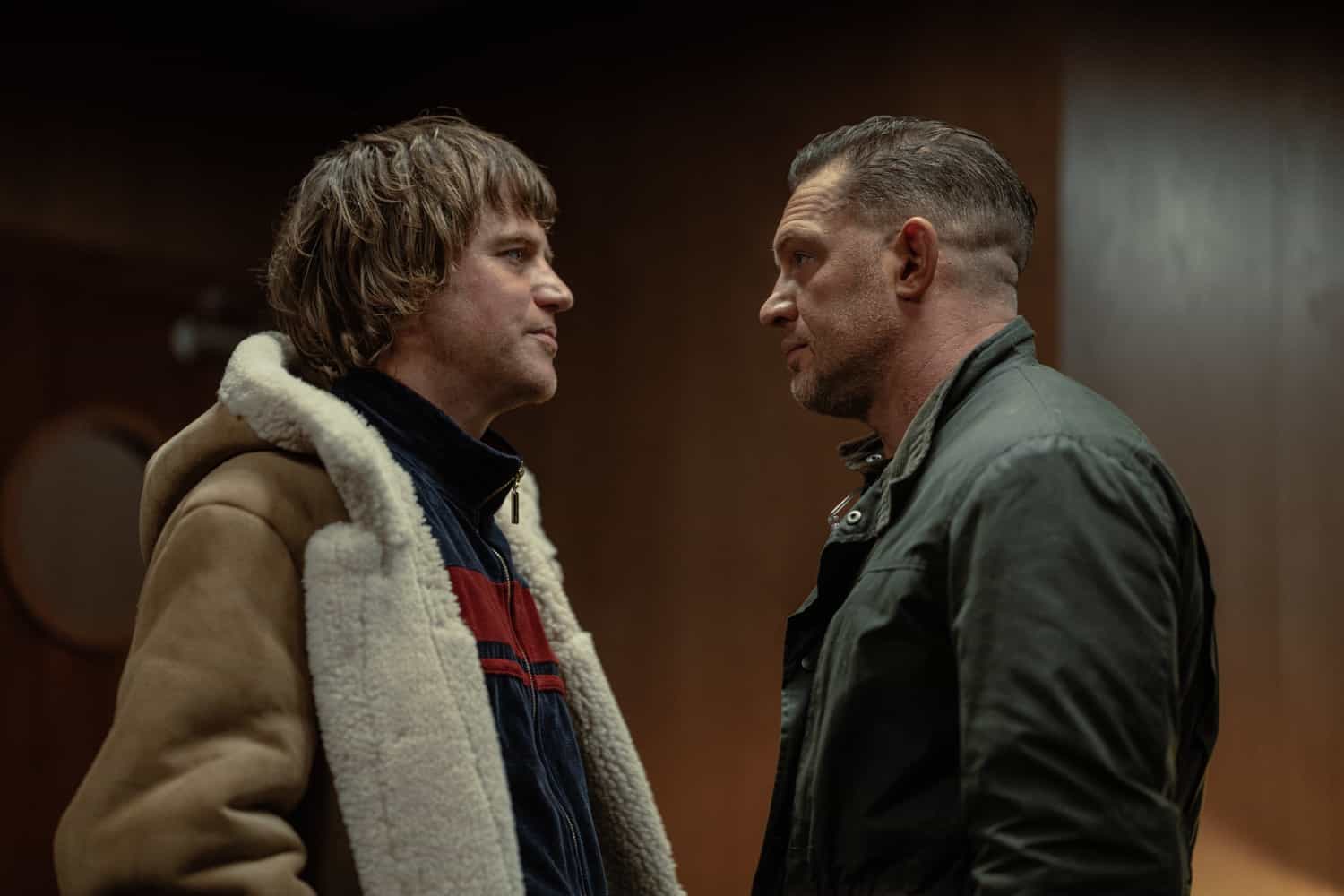 L-R Johnny Flynn as Frankie and Tom Hardy as Harry Da Souza In MobLand, season 2, streaming on Paramount+, 2026. Photo Credit: Luke Varley/Paramount+
