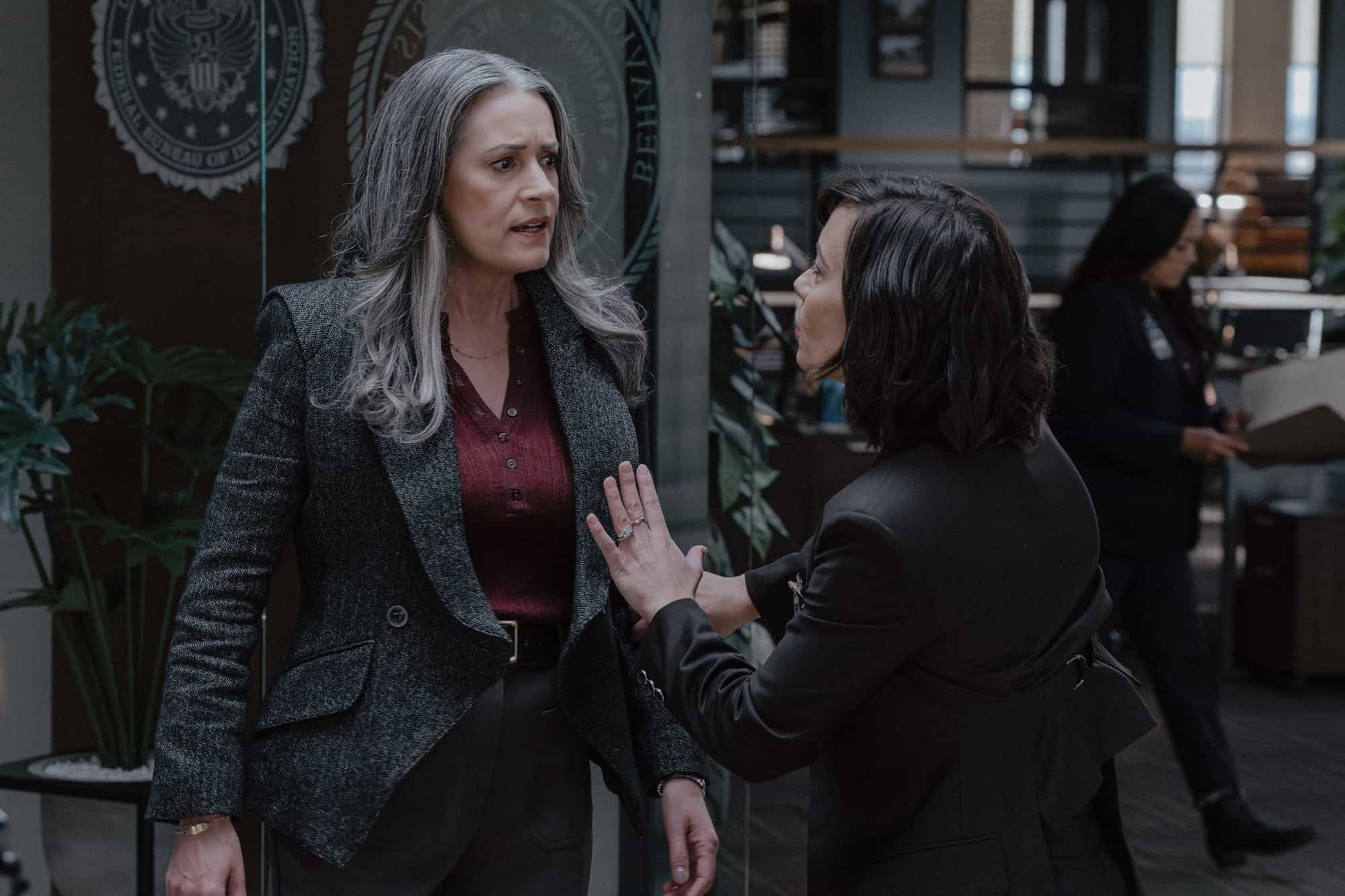 L-R: Paget Brewster as Emily Prentiss and Nicole Pacent as Rebecca Wilson in Criminal Minds: Evolution, episode 9, season 19  streaming on Paramount+, 2026.  CREDIT:  Michael Yarish /Paramount+ © 2026 ABC Studios Inc. and CBS Studios Inc. All Rights Reserved.