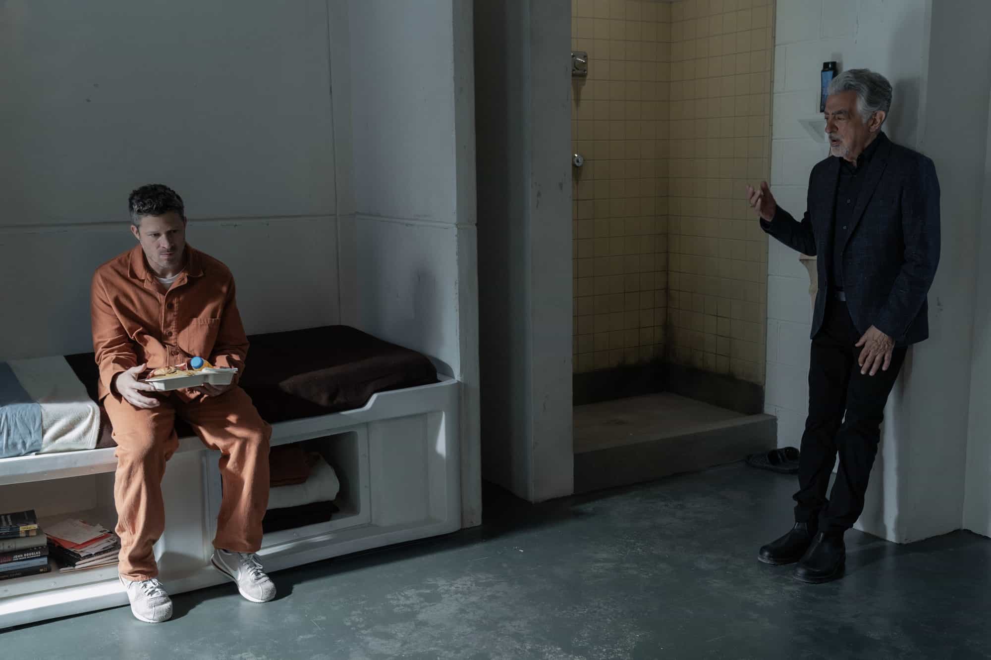 L-R: Zach Gilford as Elias Voit and Joe Mantegna as David Rossi in Criminal Minds: Evolution, episode 9, season 19  streaming on Paramount+, 2026.  CREDIT:  Michael Yarish /Paramount+ © 2026 ABC Studios Inc. and CBS Studios Inc. All Rights Reserved.