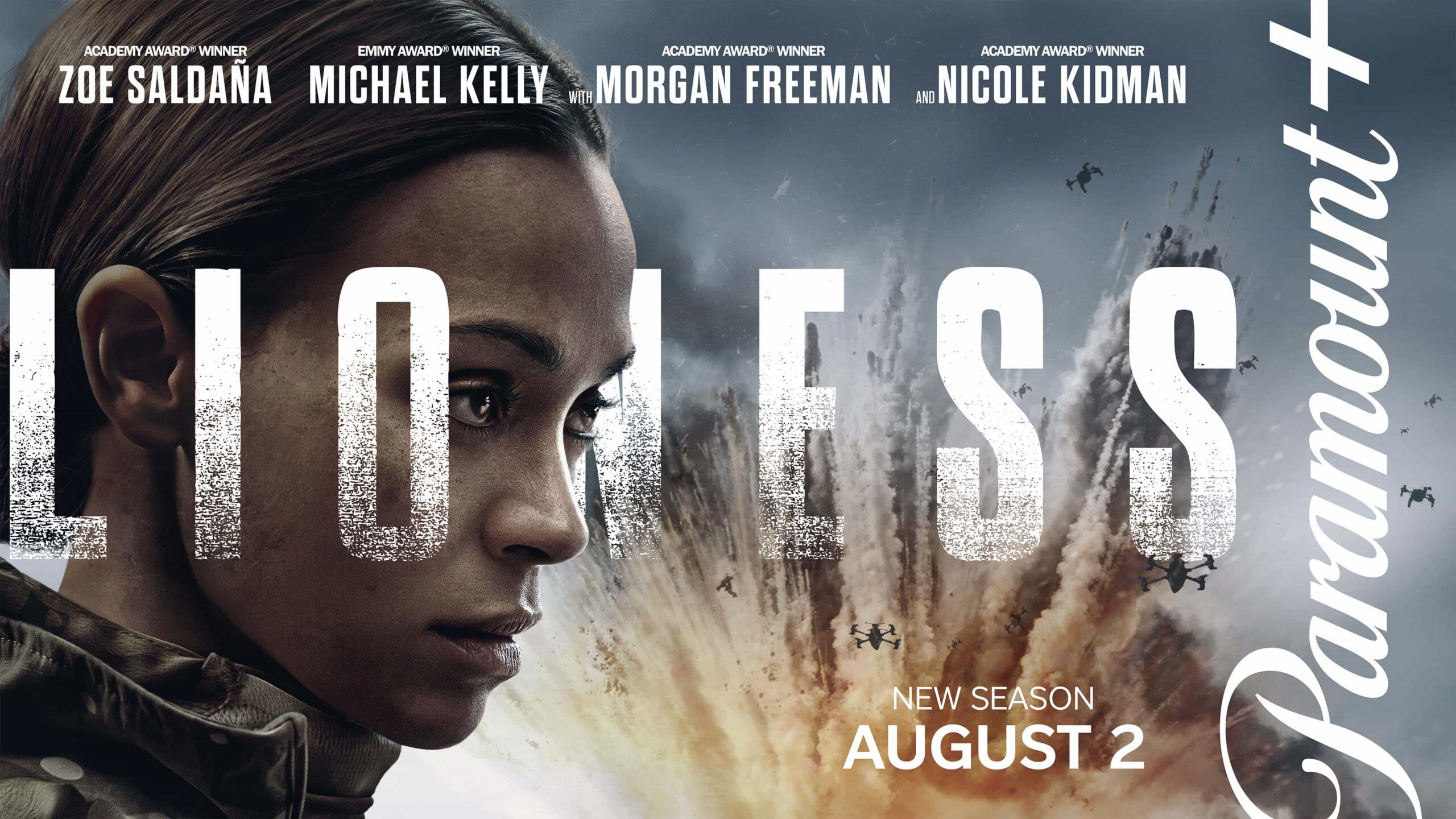 Lioness Season 3 (L-R): Zoe Saldaña as Joe McNamara in the Key Art for in season 3 of Lioness, streaming on Paramount+, 2026. Photo Credit: Victoria Will/Paramount+