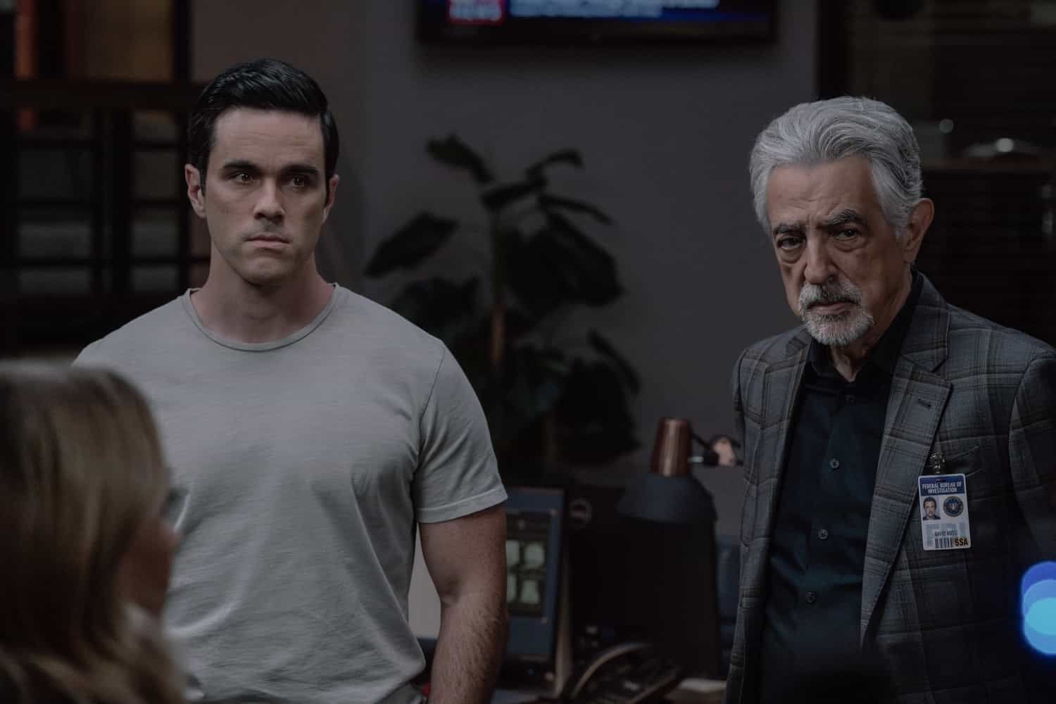 RJ Hatanaka as Tyler Green and Joe Mantegna as David Rossi in Criminal Minds: Evolution, episode 10, season 19  streaming on Paramount+, 2026.  CREDIT:  Michael Yarish /Paramount+ © 2026 ABC Studios Inc. and CBS Studios Inc. All Rights Reserved.