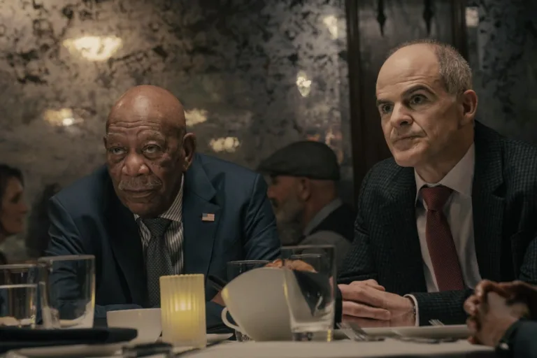 L-R: Morgan Freeman as Edwin Mullins, Michael Kelly as Byron Westfield in Lioness, episode 6, season 3, streaming on Paramount+, 2026. Photo Credit: Ryan Green/Paramount+