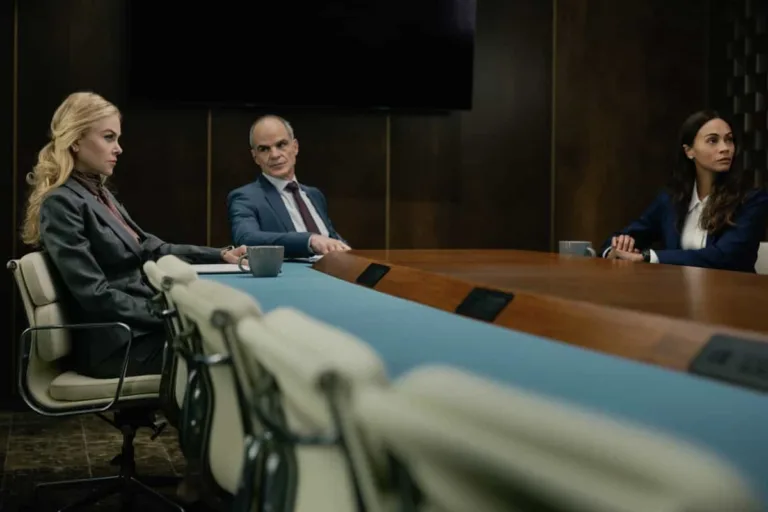 L-R: Nicole Kidman as Kaitlyn, Michael Kelly as Byron Westfield, Zoe Saldaña as Joe Lioness, episode 3, season 3, streaming on Paramount+, 2026. Photo Credit: Emerson Miller/Paramount+