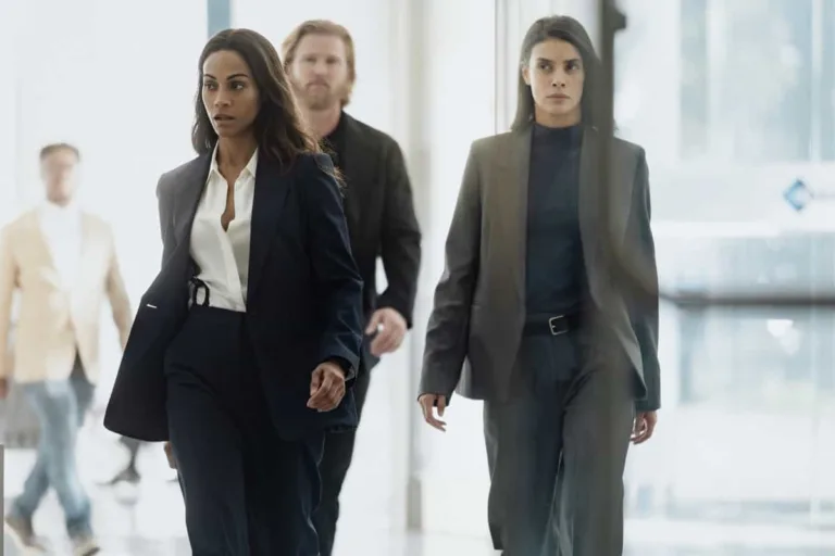 L-R: Zoe Saldaña as Joe, Thad Luckinbill as Kyle, Laysla De Oliveira as Cruz in Lioness, episode 3, season 3, streaming on Paramount+, 2026. Photo Credit: Emerson Miller/Paramount+.