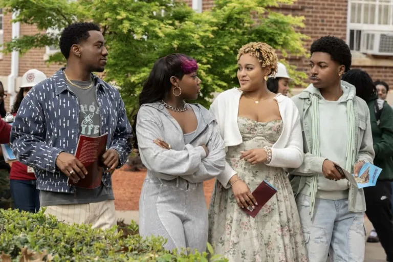 A Different World - Season 1. (L to R) Chibuikem Uche as Kojo, Alijah Kai as Rashida, Kennedi Reece as Hazel, Jordan Aaron Hall as Amir in Episode 101 of A Different World. Cr. Daniel Delgado Jr/Netflix © 2026