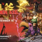 Key Art for Golden Axe Season 1, featuring Liam McIntyre as Ax Battler, Matthew Rhys as Gilius Thunderhead, Lisa Gilroy as Tyris Flare, Dani Pudi as Hampton Squib, and Carl Tart as Chronos \'Evil\' Lait, streaming on Paramount+ 2026. Photo credit: Paramount+