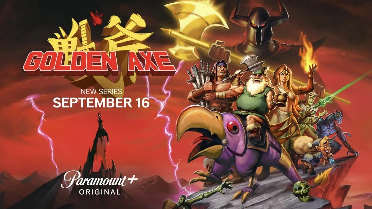 Key Art for Golden Axe Season 1, featuring Liam McIntyre as Ax Battler, Matthew Rhys as Gilius Thunderhead, Lisa Gilroy as Tyris Flare, Dani Pudi as Hampton Squib, and Carl Tart as Chronos \'Evil\' Lait, streaming on Paramount+ 2026. Photo credit: Paramount+