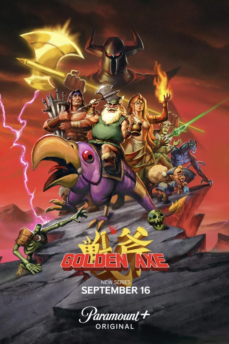 Key Art for Golden Axe Season 1, featuring Liam McIntyre as Ax Battler, Matthew Rhys as Gilius Thunderhead, Lisa Gilroy as Tyris Flare, Dani Pudi as Hampton Squib, and Carl Tart as Chronos \'Evil\' Lait, streaming on Paramount+ 2026. Photo credit: Paramount+