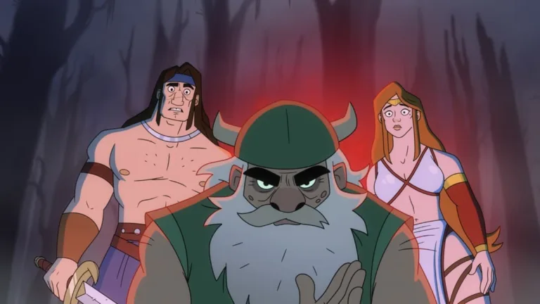 (L-R): Liam McIntyre voices Ax Battler, Matthew Rhys voices Gilius Thunderhead, and Lisa Gilroy voices Tyris Flare in season 1 of Golden Axe streaming on Paramount+, 2026. Photo Credit: Paramount+