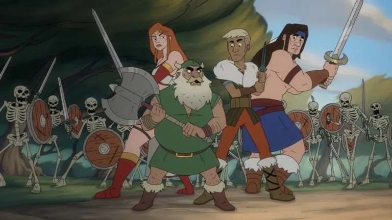 (L-R): Lisa Gilroy voices Tyris Flare, Matthew Rhys voices Gilius Thunderhead, Danny Pudi voices Hampton Squib, and Liam McIntyre voices Ax Battler in season 1 of Golden Axe streaming on Paramount+, 2026. Photo Credit: Paramount+