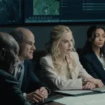 Lioness Season 3 Episode 5 "The Idiot Army" L-R: Morgan Freeman as Edwin Mullins, Michael Kelly as Byron Westfield, Nicole Kidman as Kaitlyn, Zoe Saldaña as Joe, in Lioness, episode 5, season 3, streaming on Paramount+, 2026. Photo Credit: Ryan Green/Paramount+.