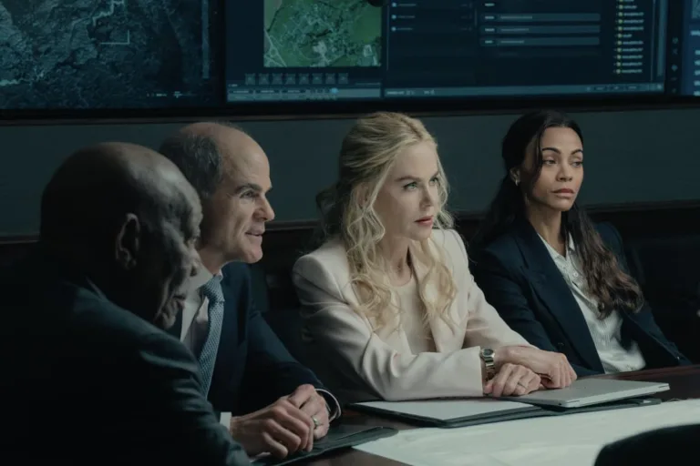 Lioness Season 3 Episode 5 "The Idiot Army" L-R: Morgan Freeman as Edwin Mullins, Michael Kelly as Byron Westfield, Nicole Kidman as Kaitlyn, Zoe Saldaña as Joe, in Lioness, episode 5, season 3, streaming on Paramount+, 2026. Photo Credit: Ryan Green/Paramount+.