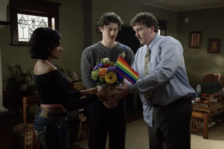 FX's ADULTS -- “The Scrub” -- Season 2, Episode 1 — Pictured (L-R): Amita Rao as Issa, Jack Innanen as Paul Baker, Liam Cullagh as OJ. CR: FX
