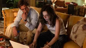 Mikey Madison as Frances Haugen and Jeremy Allen White as Jeff Horwitz in The Social Reckoning