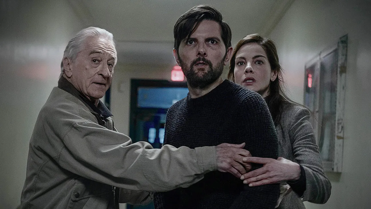 Robert De Niro as Pete Willis and Adam Scott as Tom Kennedy in Netflix's The Whisper Man