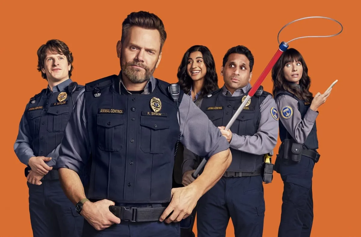 Animal Control Season 5 Cast Photo: L-R: Michael Rowland as Shred, Joel McHale as Frank, Vella Lovell as Emily, Ravi Patel as Patel, and Grace Palmer as Victoria, in the all-new season of ANIMAL CONTROL. CR: Pamela Littky /FOX © 2026 FOX Media LLC.
